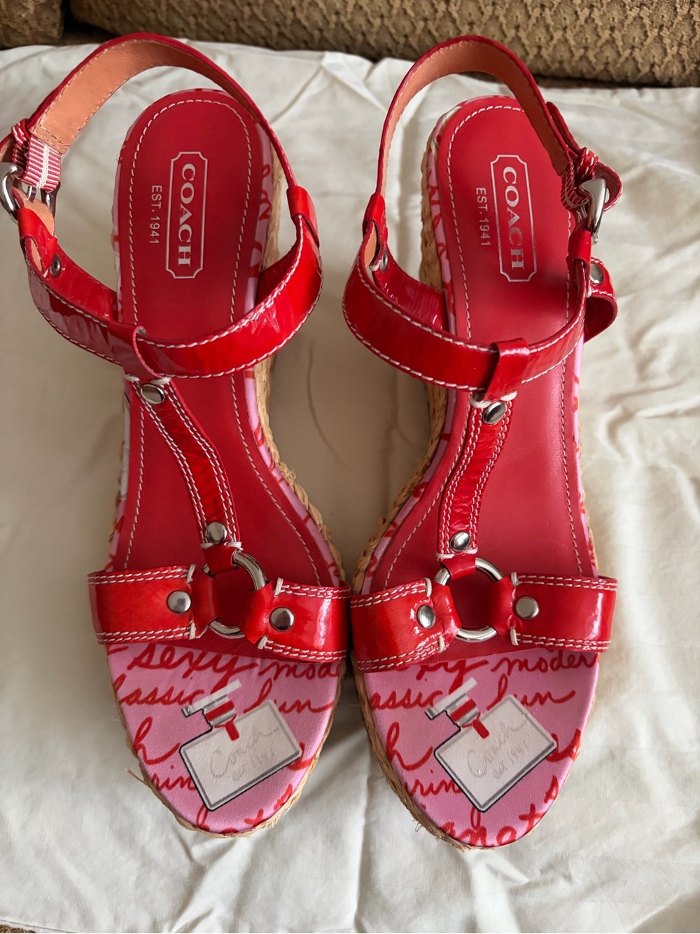 COACH Red Patent Leather T-Strap Espadrille Sandals